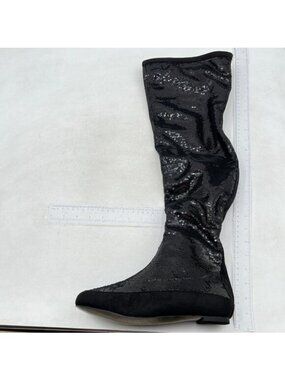 Glitter Sparkly Low Heel Thigh High Combat Boots Flat Over The Knee Boots Black